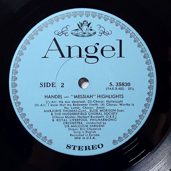 Sir Malcolm Sargent LP Handel: Messiah Highlights on Angel M-/M- Classical - Picture 4 of 4